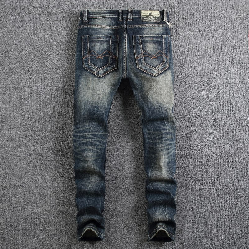 Retro Design Fashion Mens Jeans High Quality Nostalgia Wash Slim Fit Denim Ripped Jeans For Men Brand Streetwear Biker Jeans - E-Esther Clothing Store