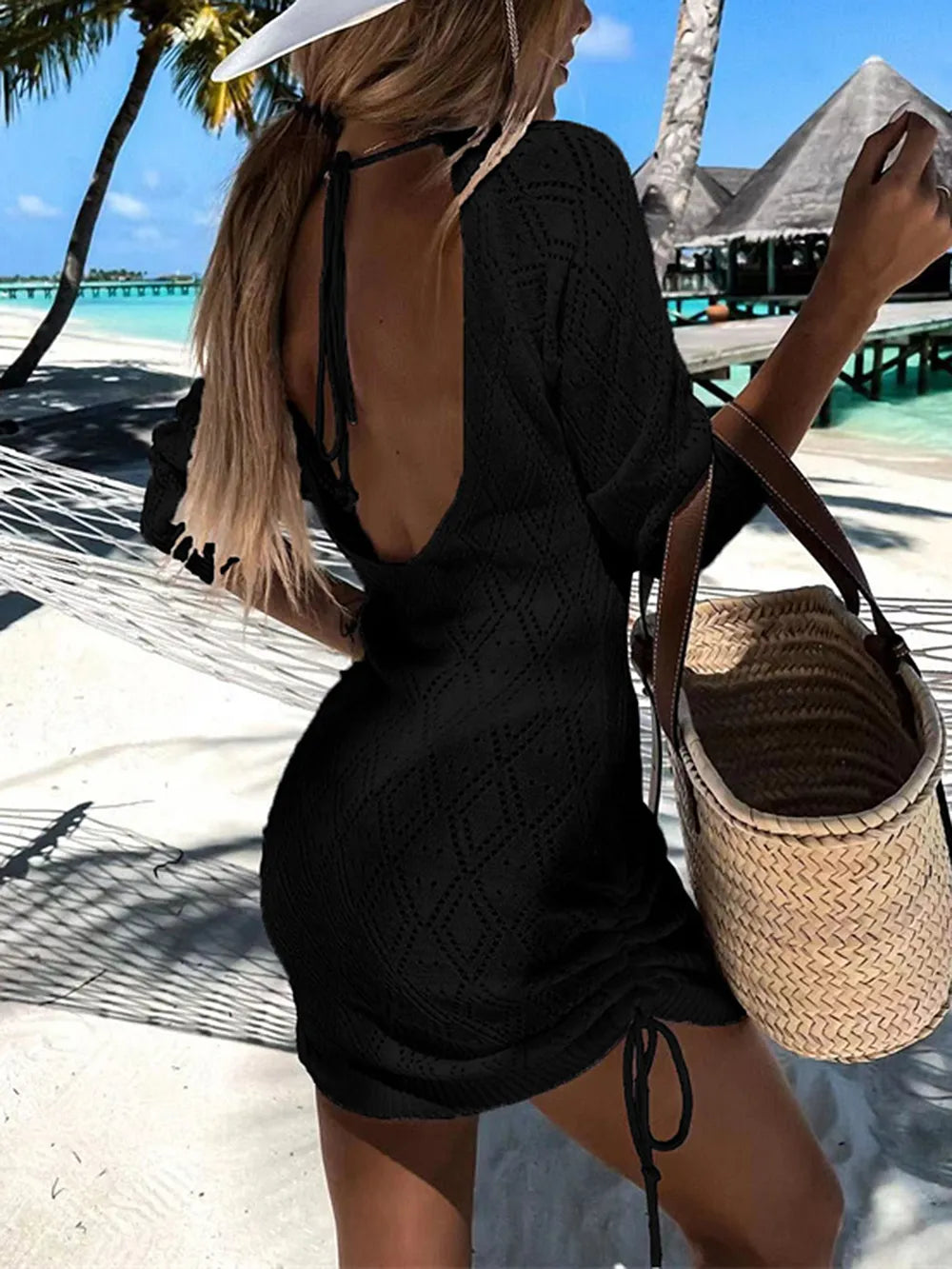 Backless Openwork Drawstring Round Neck Cover Up - E-Esther Clothing Store