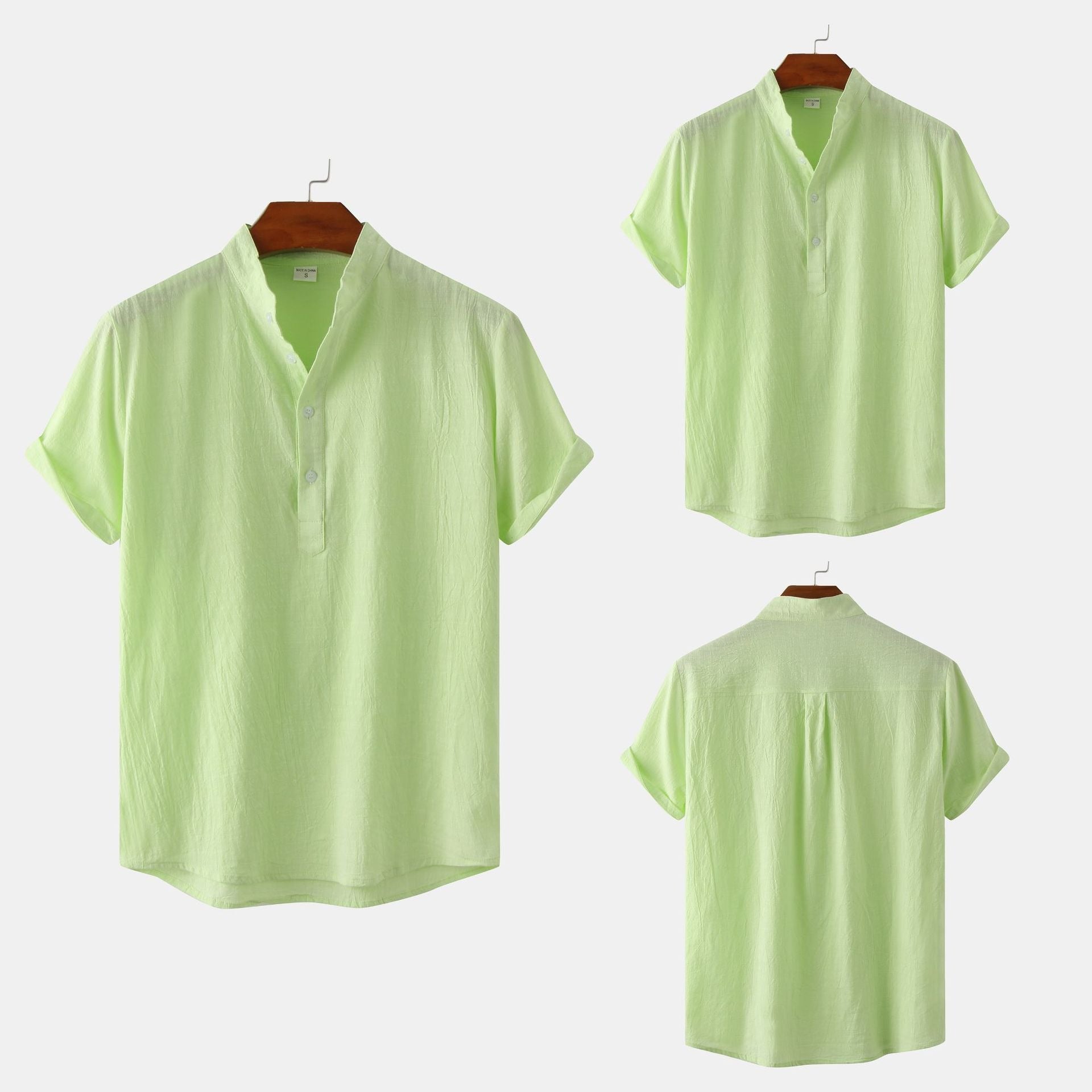 Summer Mens Cotton and Linen Standing Collar Casual Short Sleeved Shirt Beach T Shirt Shirt Mens Clothing - E-Esther Clothing Store