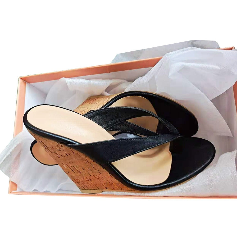 European and American Womens Oversized Heel Sandals Wedged Sloping Heel Sandals With Wooden Grain Wrap Heels And Round Toe High Heels