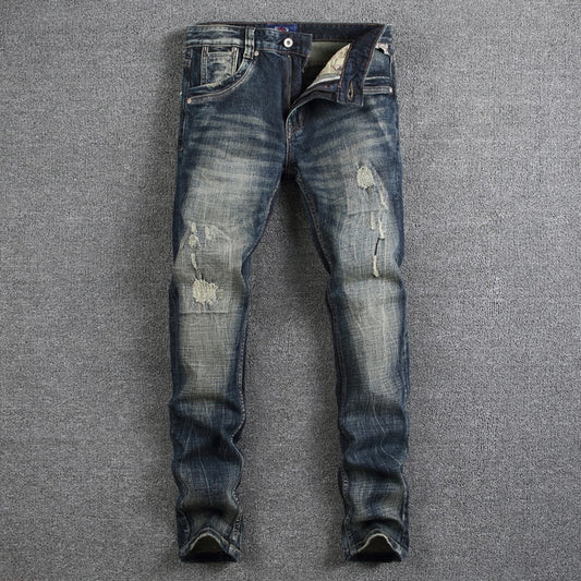 Retro Design Fashion Mens Jeans High Quality Nostalgia Wash Slim Fit Denim Ripped Jeans For Men Brand Streetwear Biker Jeans - E-Esther Clothing Store