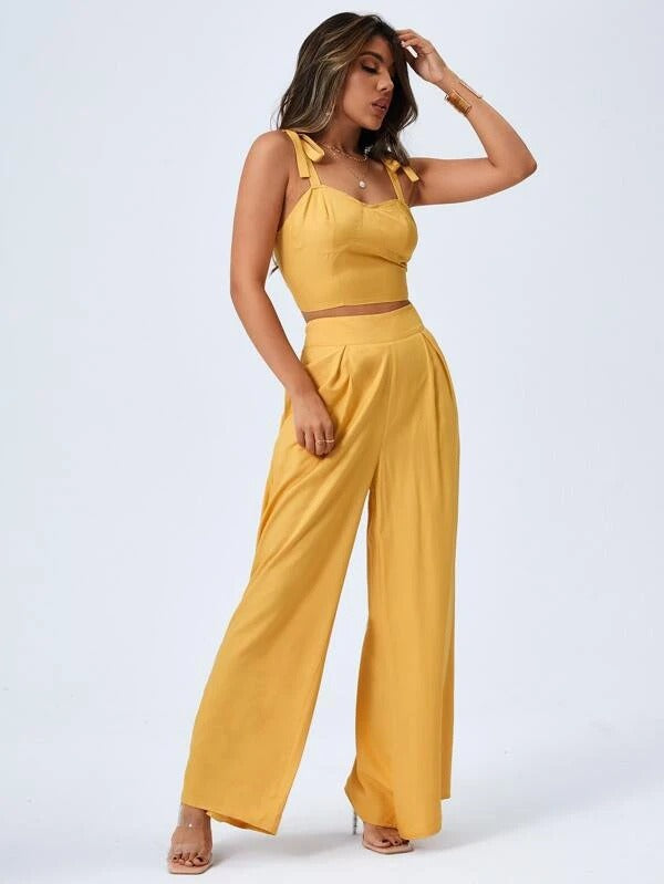 European and American Womens Open Back Suspender Top Fashionable Temperament Wide Leg Pants Casual Pants Two Piece Set for Women - E-Esther Clothing Store