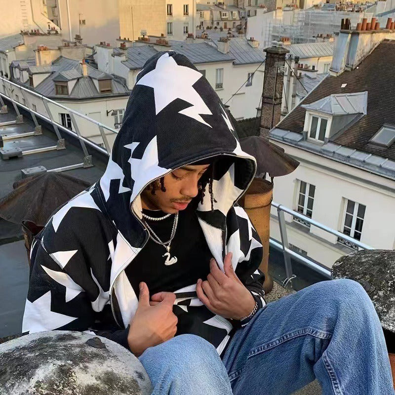 Pentagram style looped hoodie for men and women's casual hoodie, men's loose jacket - E-Esther Clothing Store