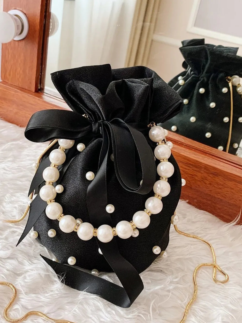 Pearl Detail Solid Color Bucket Bag - E-Esther Clothing Store