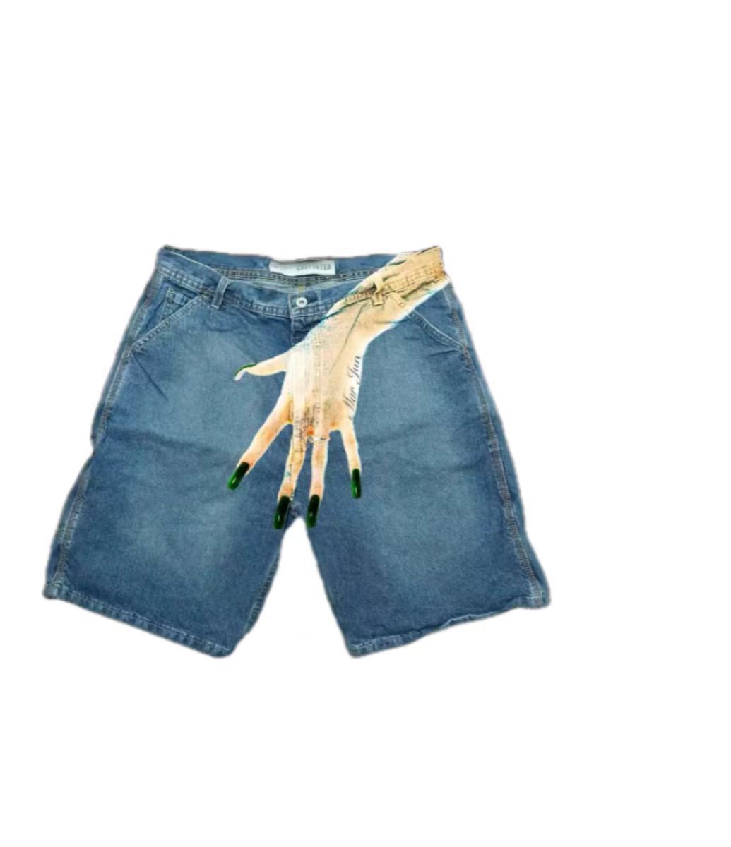 European and American Y2K hip-hop trend pattern printed denim shorts for men, high street fashion brands, couple casual five quarter pants - E-Esther Clothing Store