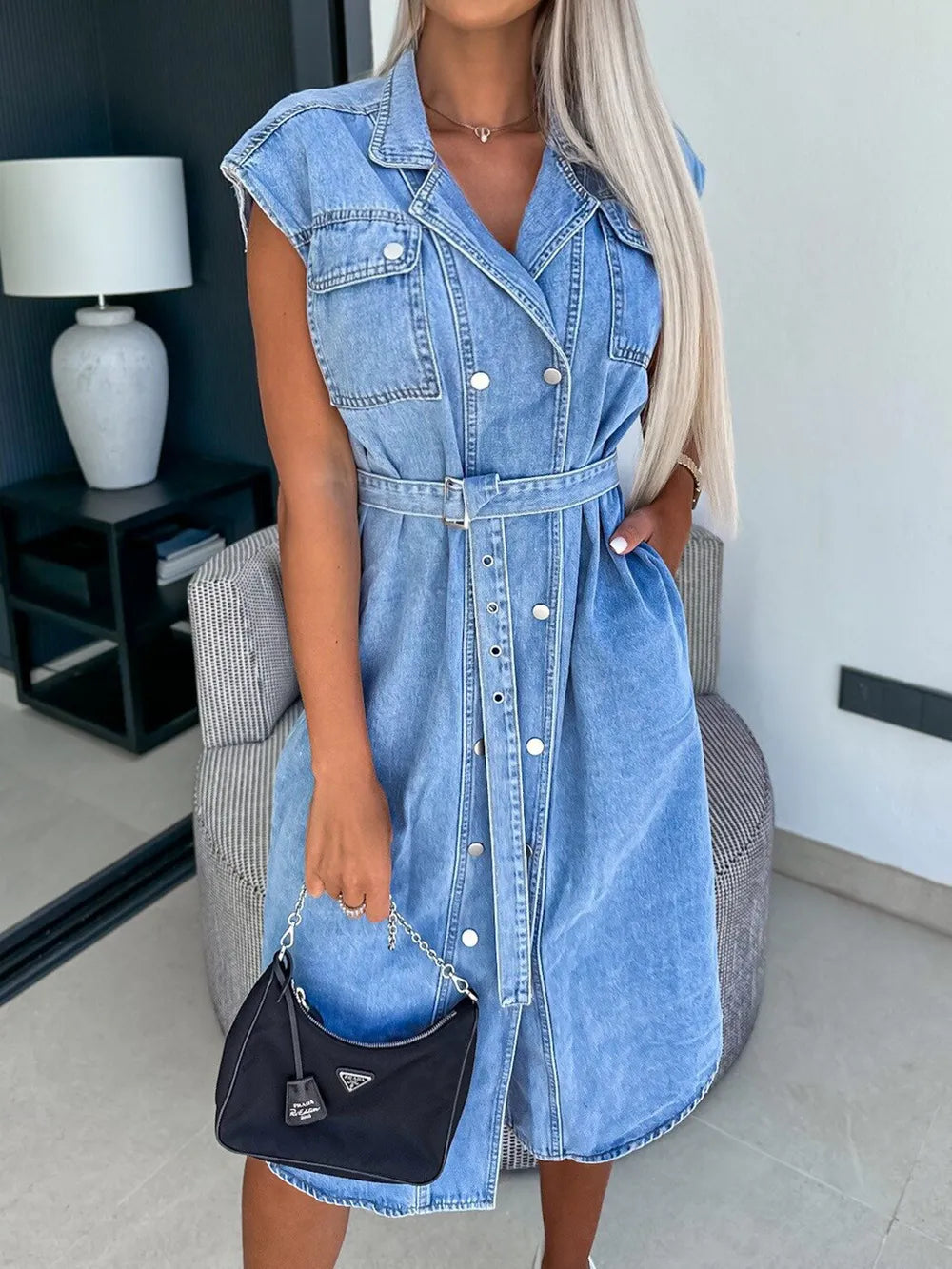 Casual collar sleeveless nail buckle open chest waist cinching lace up denim dress - E-Esther Clothing Store