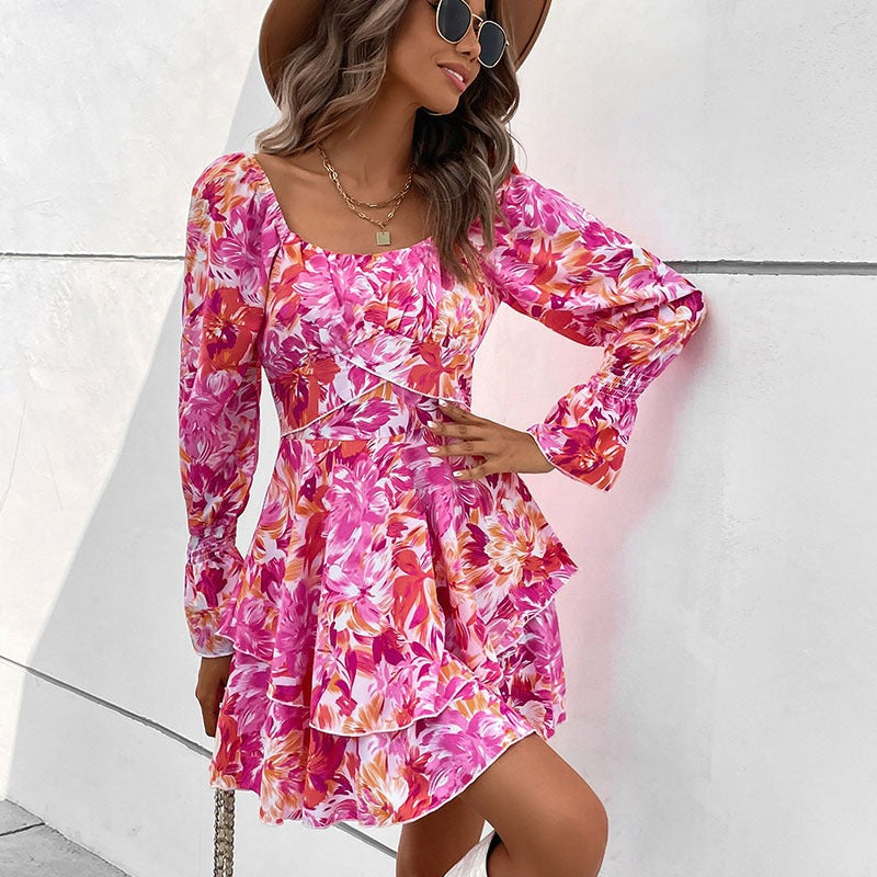 New Fashion European and American Womens Square Neck Printed Ruffle Sleeve Slim Fit Dress - E-Esther Clothing Store