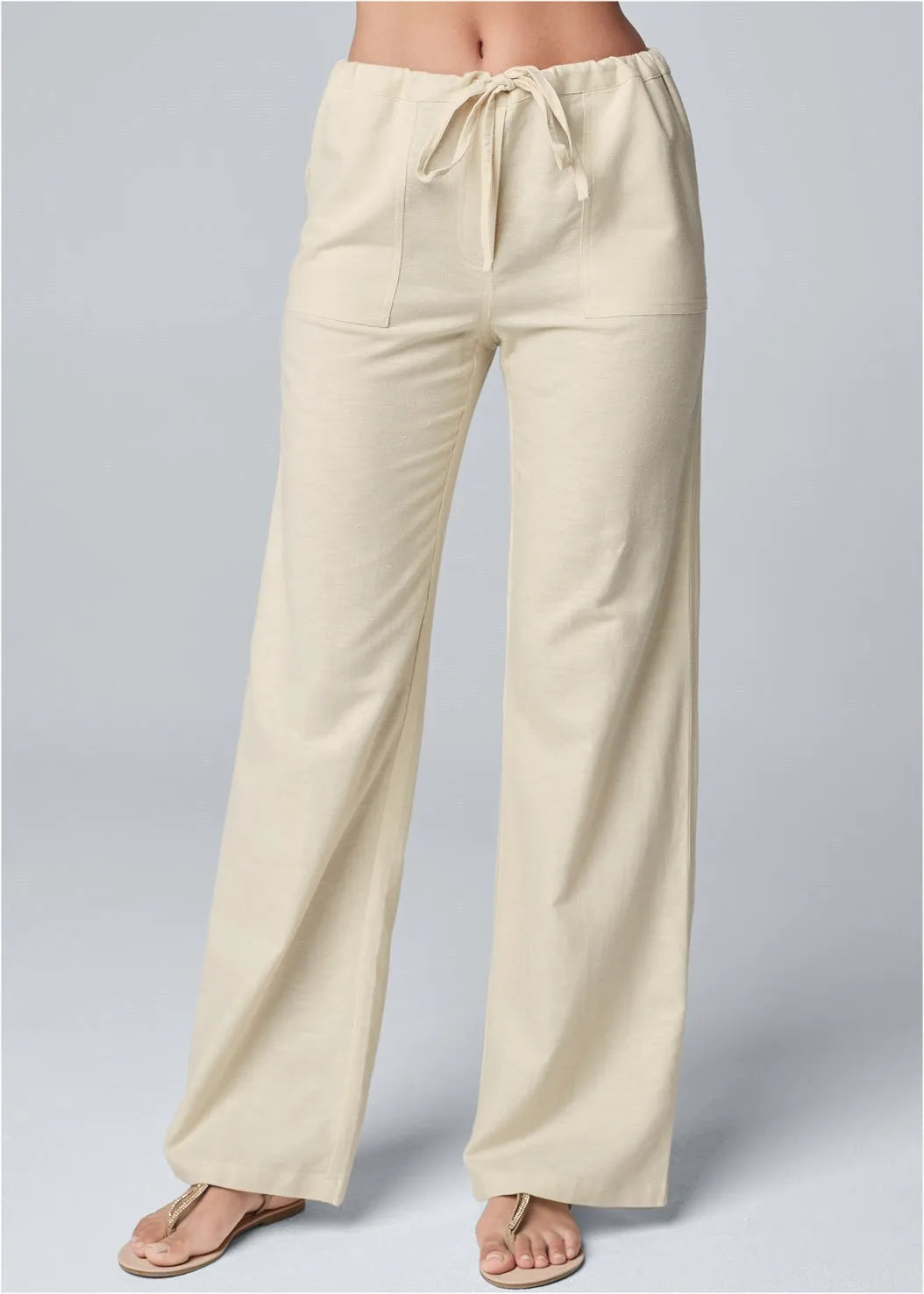 Women Cotton Linen Pants Solid Color Elastic Loose Drawstring Wide-Leg High Waist Trousers Female Stretch Straight Casual Pants - E-Esther Clothing Store