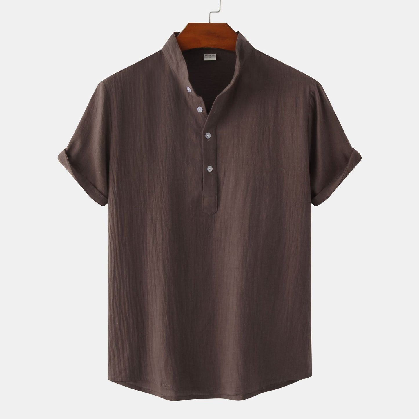 Summer Mens Cotton and Linen Standing Collar Casual Short Sleeved Shirt Beach T Shirt Shirt Mens Clothing - E-Esther Clothing Store