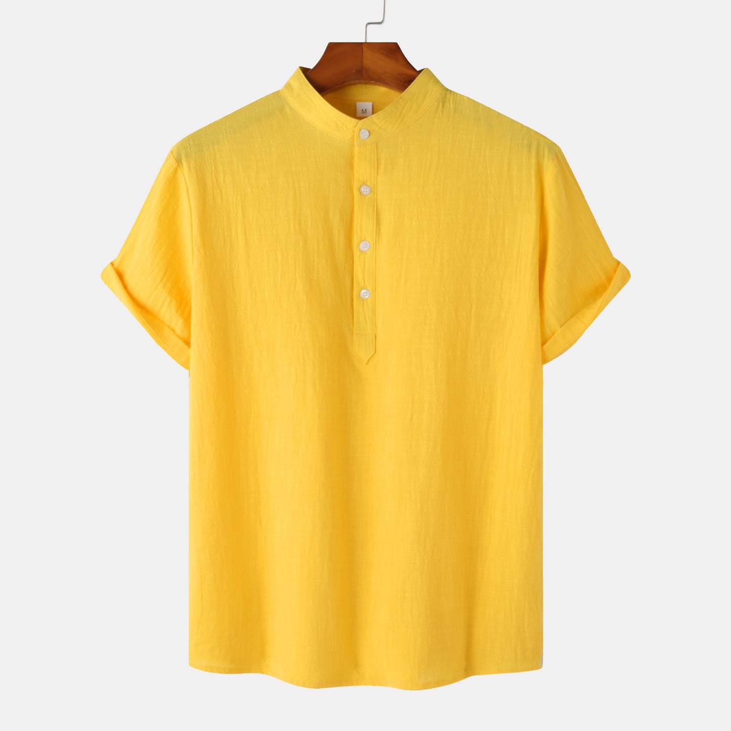 Summer Mens Cotton and Linen Standing Collar Casual Short Sleeved Shirt Beach T Shirt Shirt Mens Clothing - E-Esther Clothing Store