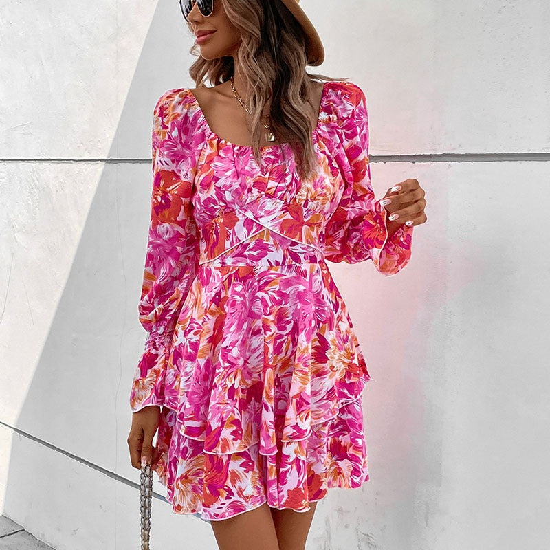 New Fashion European and American Womens Square Neck Printed Ruffle Sleeve Slim Fit Dress - E-Esther Clothing Store