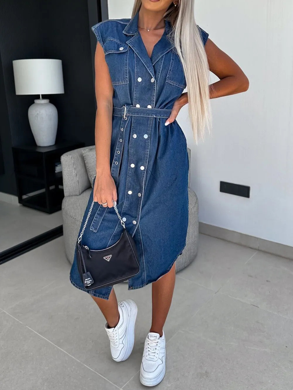 Casual collar sleeveless nail buckle open chest waist cinching lace up denim dress - E-Esther Clothing Store