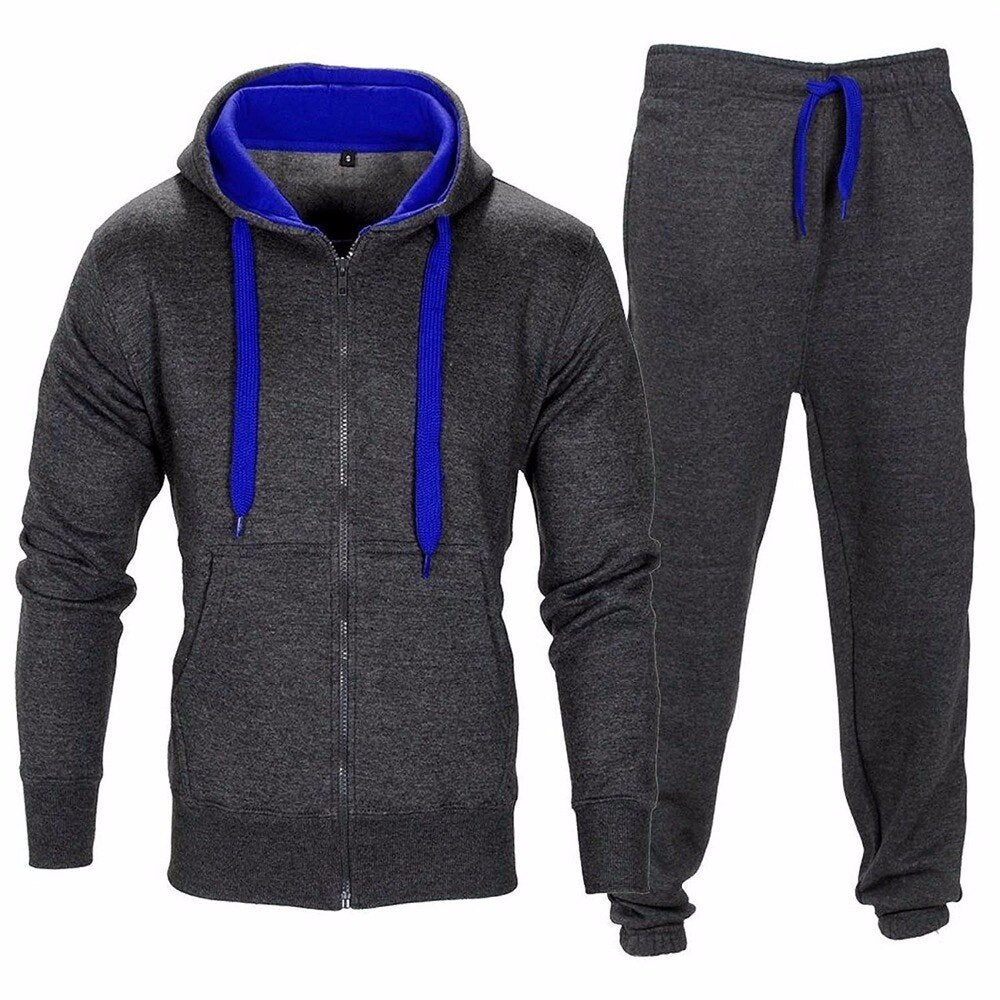 Casual Solid Tracksuit Zipper Hooded Sweatshirt Jacket +Sweatpants Mens Tracksuit - E-Esther Clothing Store