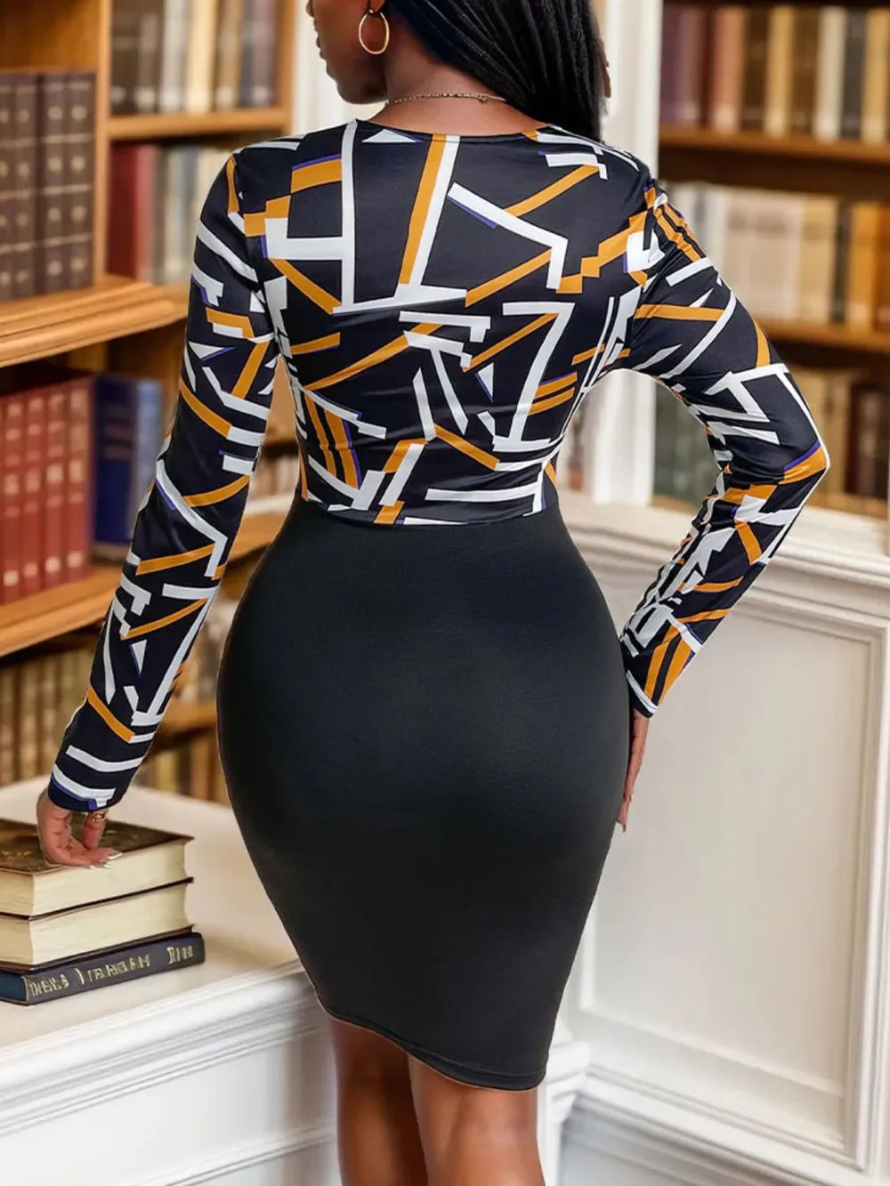 V-neck high waist slim fit hip hugging skirt geometric long sleeved women's dress - E-Esther Clothing Store