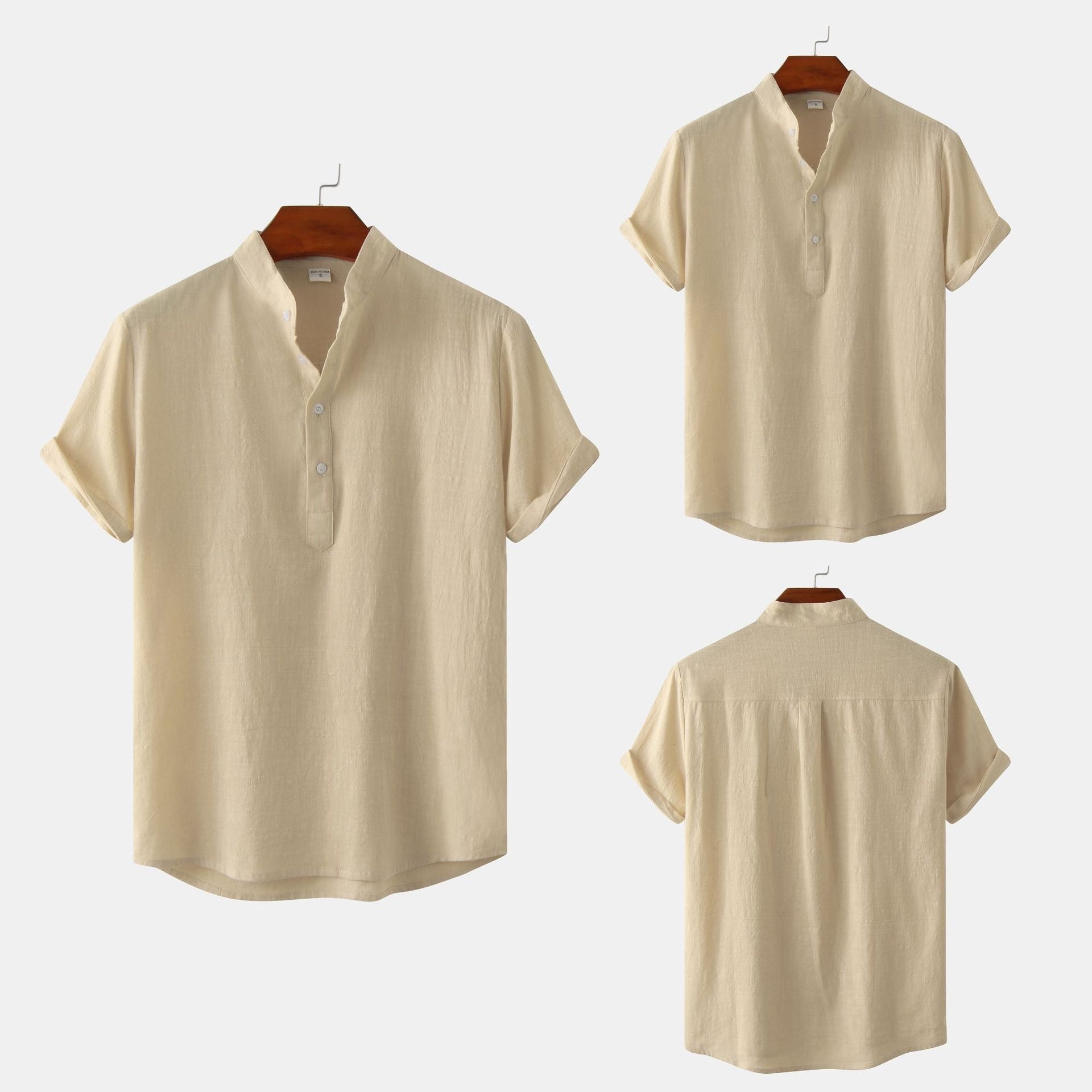 Summer Mens Cotton and Linen Standing Collar Casual Short Sleeved Shirt Beach T Shirt Shirt Mens Clothing - E-Esther Clothing Store