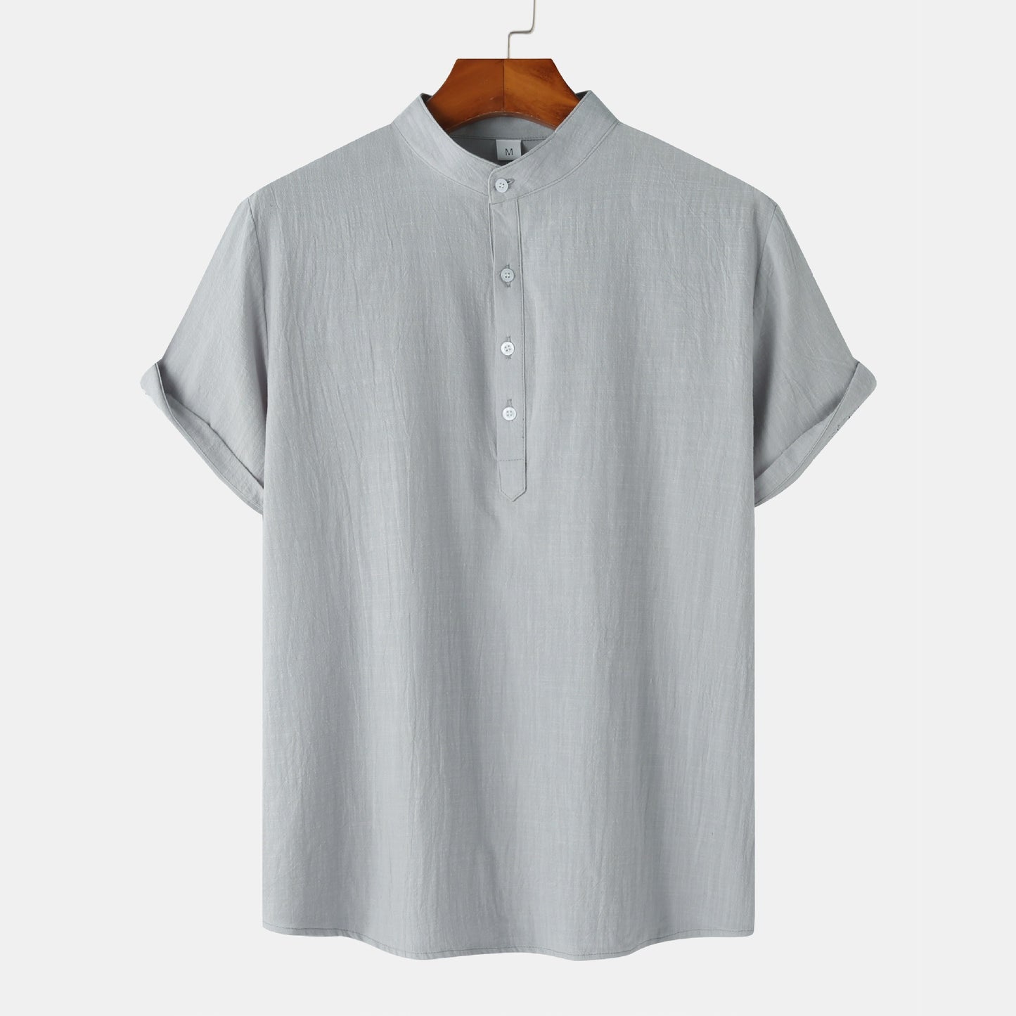 Summer Mens Cotton and Linen Standing Collar Casual Short Sleeved Shirt Beach T Shirt Shirt Mens Clothing - E-Esther Clothing Store