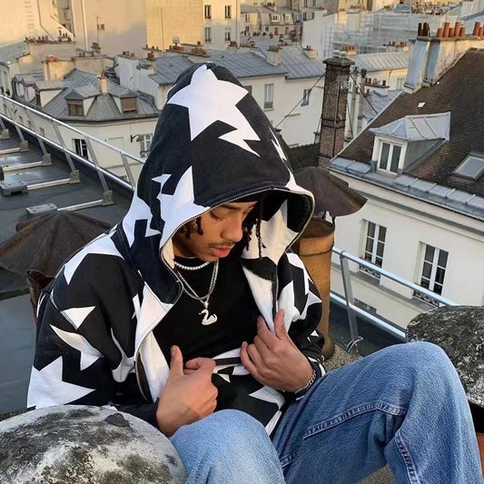 Pentagram style looped hoodie for men and women's casual hoodie, men's loose jacket - E-Esther Clothing Store
