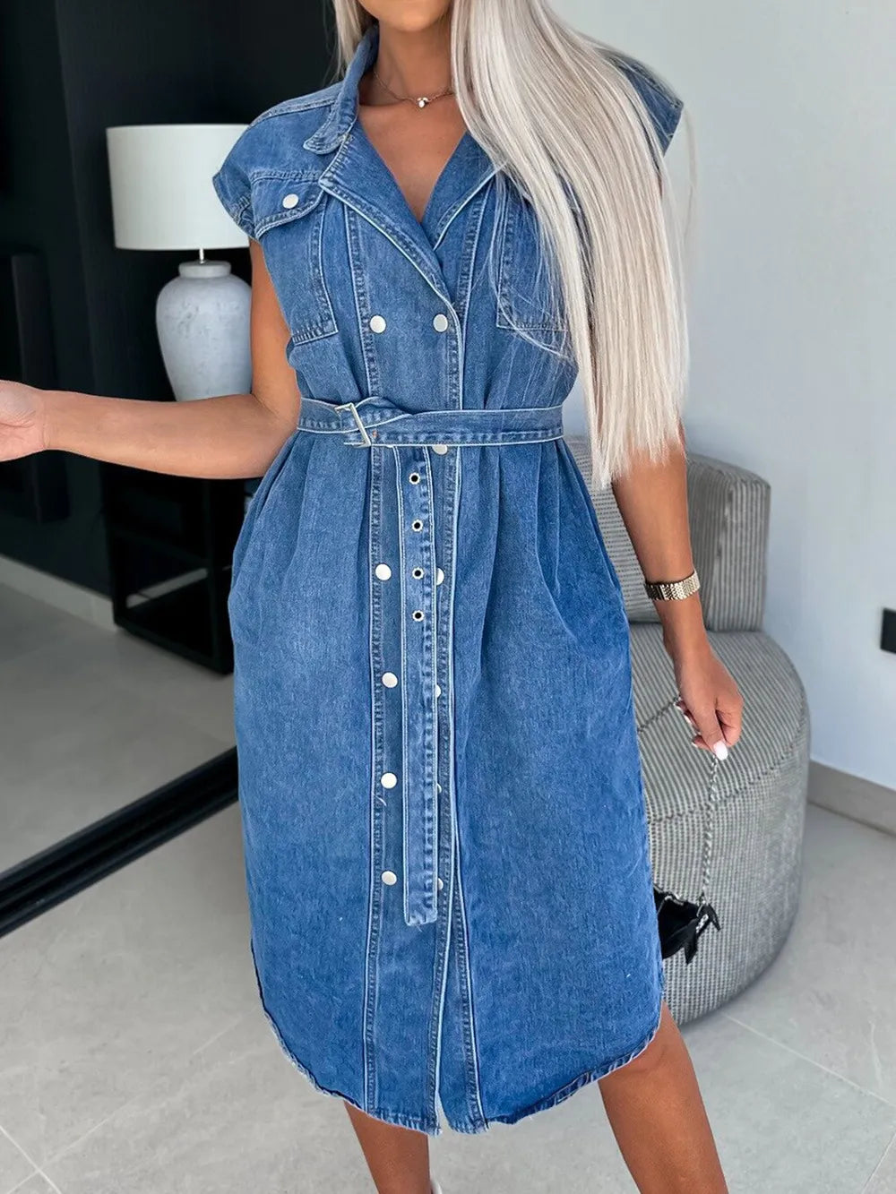 Casual collar sleeveless nail buckle open chest waist cinching lace up denim dress - E-Esther Clothing Store