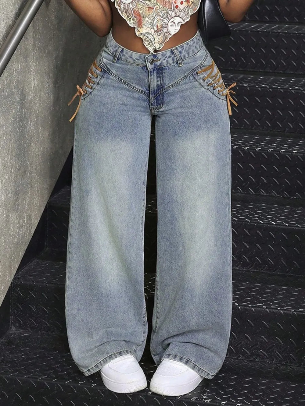 Lace-Up Wide Leg Jeans - E-Esther Clothing Store