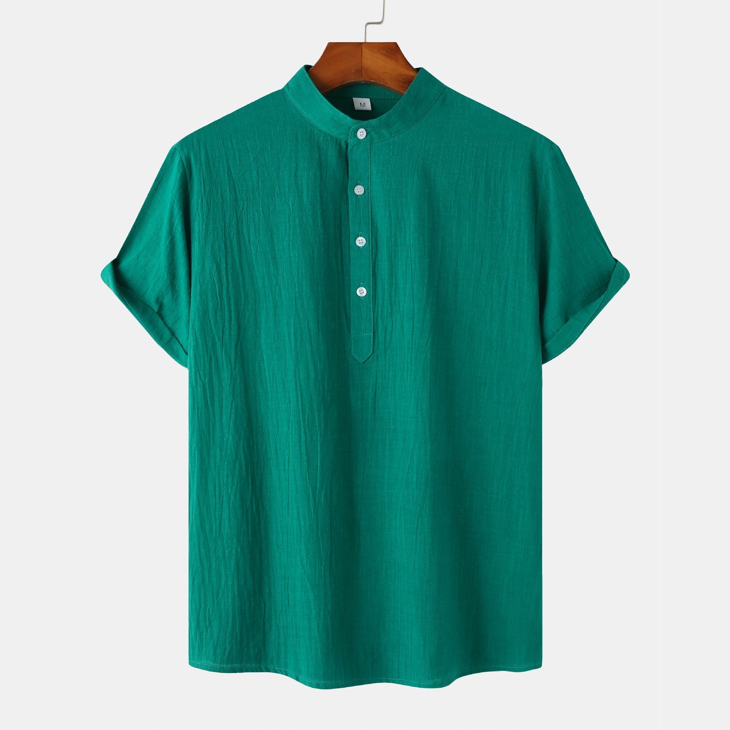 Summer Mens Cotton and Linen Standing Collar Casual Short Sleeved Shirt Beach T Shirt Shirt Mens Clothing - E-Esther Clothing Store
