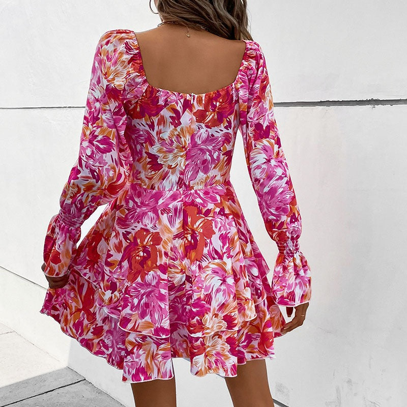 New Fashion European and American Womens Square Neck Printed Ruffle Sleeve Slim Fit Dress - E-Esther Clothing Store
