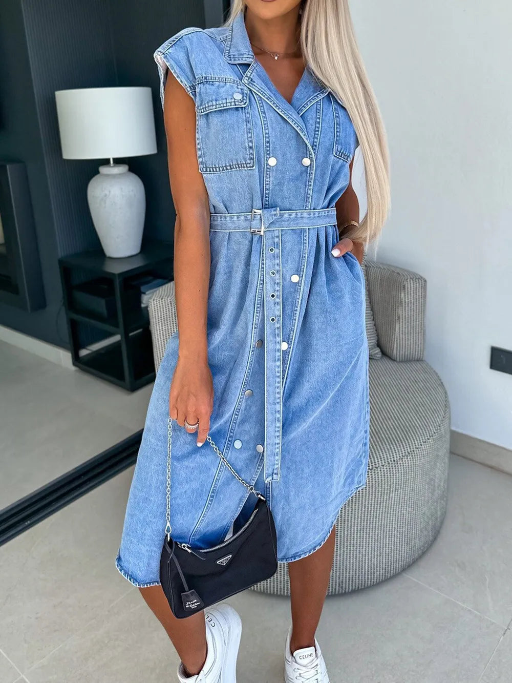 Casual collar sleeveless nail buckle open chest waist cinching lace up denim dress - E-Esther Clothing Store