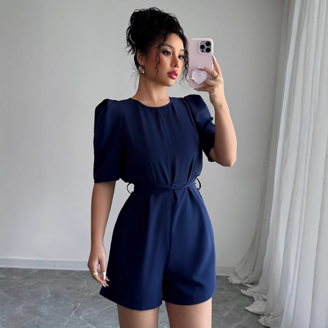 Simple bubble sleeve solid color shorts jumpsuit - E-Esther Clothing Store
