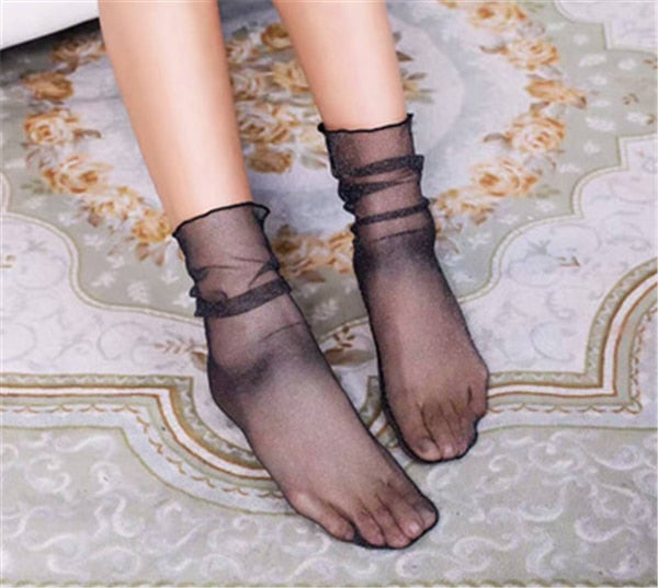 Spring and Summer Retro Lace Floral Mesh Women Socks Thin Middle Tube Transparent Sock Women Breathable Silk Ultrathin Sock New - E-Esther Clothing Store