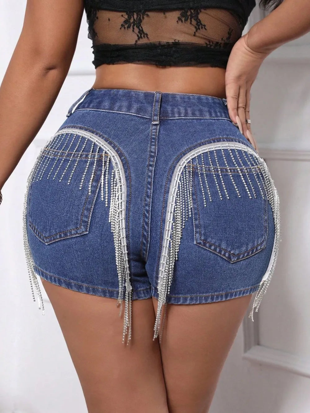 Fringe Back Denim Shorts with Pockets - E-Esther Clothing Store