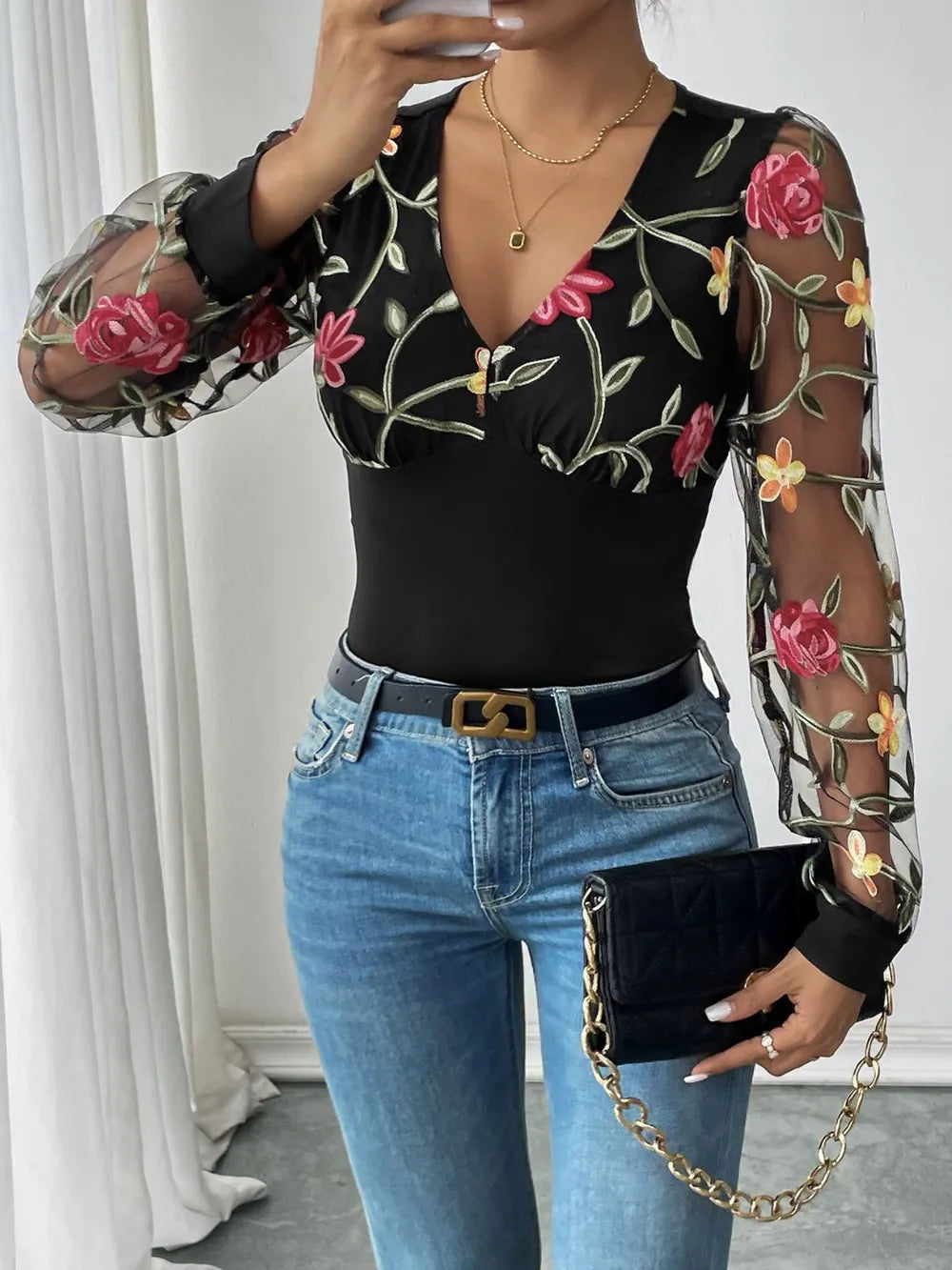 Embroidered V-Neck Long Sleeve Bodysuit - E-Esther Clothing Store