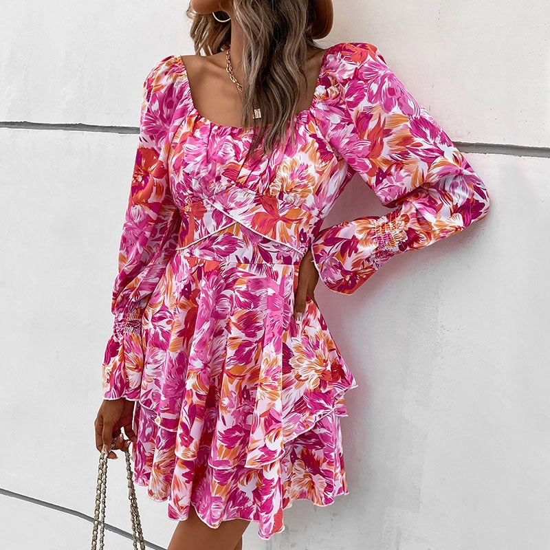 New Fashion European and American Womens Square Neck Printed Ruffle Sleeve Slim Fit Dress - E-Esther Clothing Store