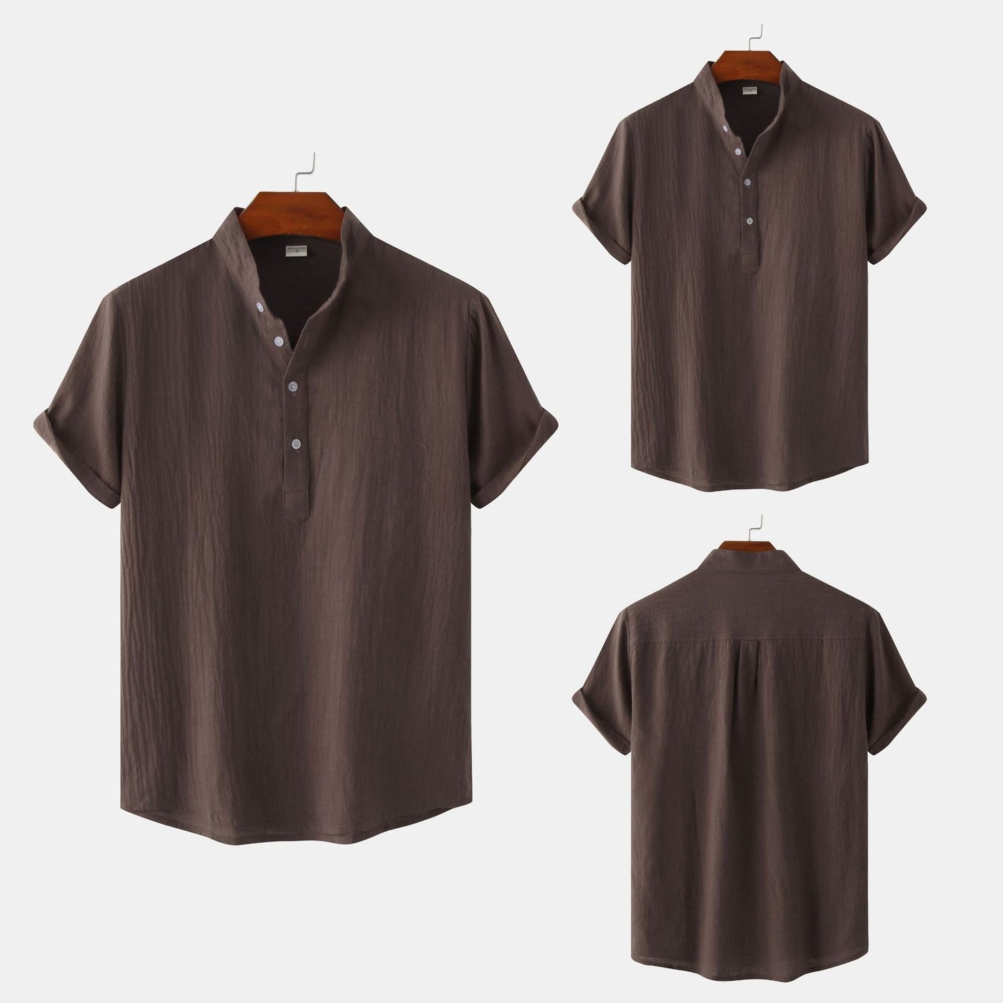 Summer Mens Cotton and Linen Standing Collar Casual Short Sleeved Shirt Beach T Shirt Shirt Mens Clothing - E-Esther Clothing Store