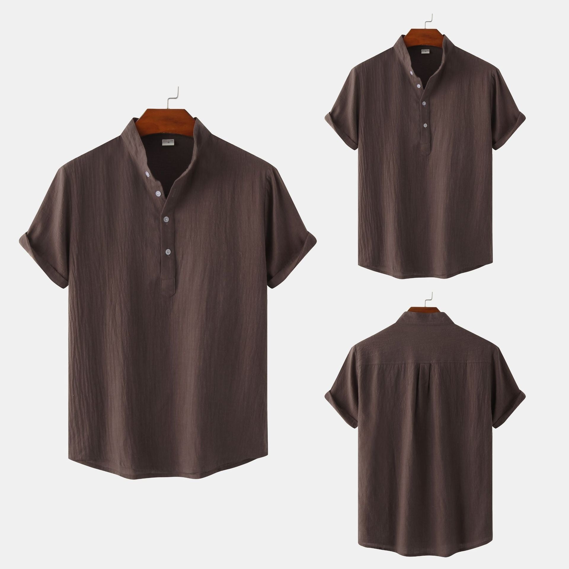 Summer Mens Cotton and Linen Standing Collar Casual Short Sleeved Shirt Beach T Shirt Shirt Mens Clothing - E-Esther Clothing Store