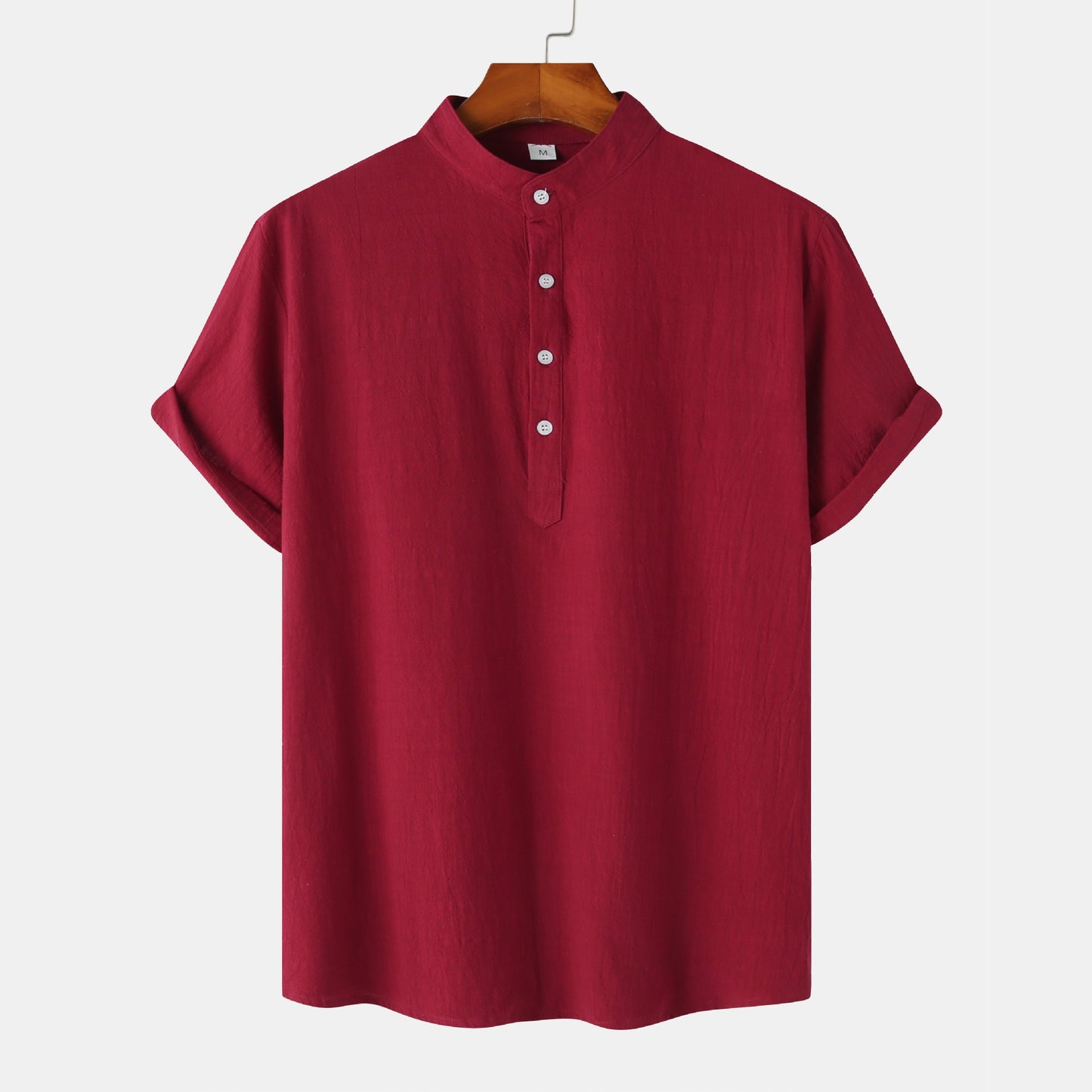 Summer Mens Cotton and Linen Standing Collar Casual Short Sleeved Shirt Beach T Shirt Shirt Mens Clothing - E-Esther Clothing Store