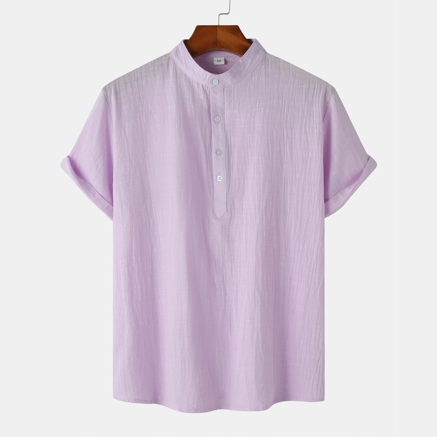 Summer Mens Cotton and Linen Standing Collar Casual Short Sleeved Shirt Beach T Shirt Shirt Mens Clothing - E-Esther Clothing Store