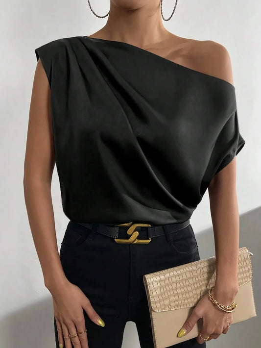 Women's Fashion Versatile Slant Neck Pinch Fold Single Shoulder Asymmetric Tank Top - E-Esther Clothing Store