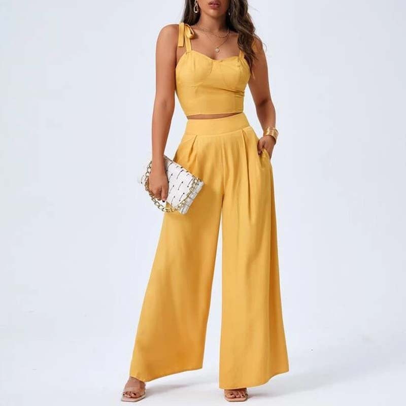 European and American Womens Open Back Suspender Top Fashionable Temperament Wide Leg Pants Casual Pants Two Piece Set for Women - E-Esther Clothing Store