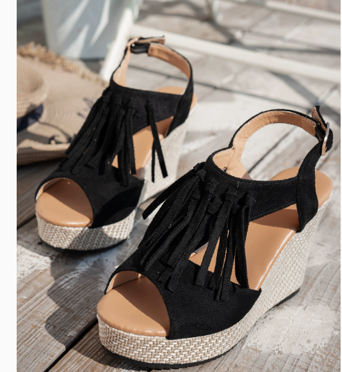 Fringe Peep Toe Wedge Sandals - E-Esther Clothing Store