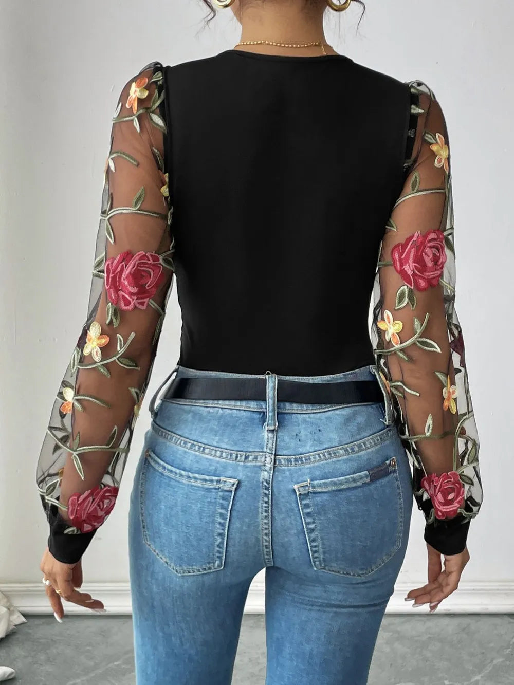 Embroidered V-Neck Long Sleeve Bodysuit - E-Esther Clothing Store