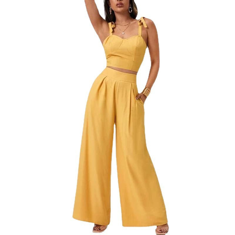 European and American Womens Open Back Suspender Top Fashionable Temperament Wide Leg Pants Casual Pants Two Piece Set for Women - E-Esther Clothing Store