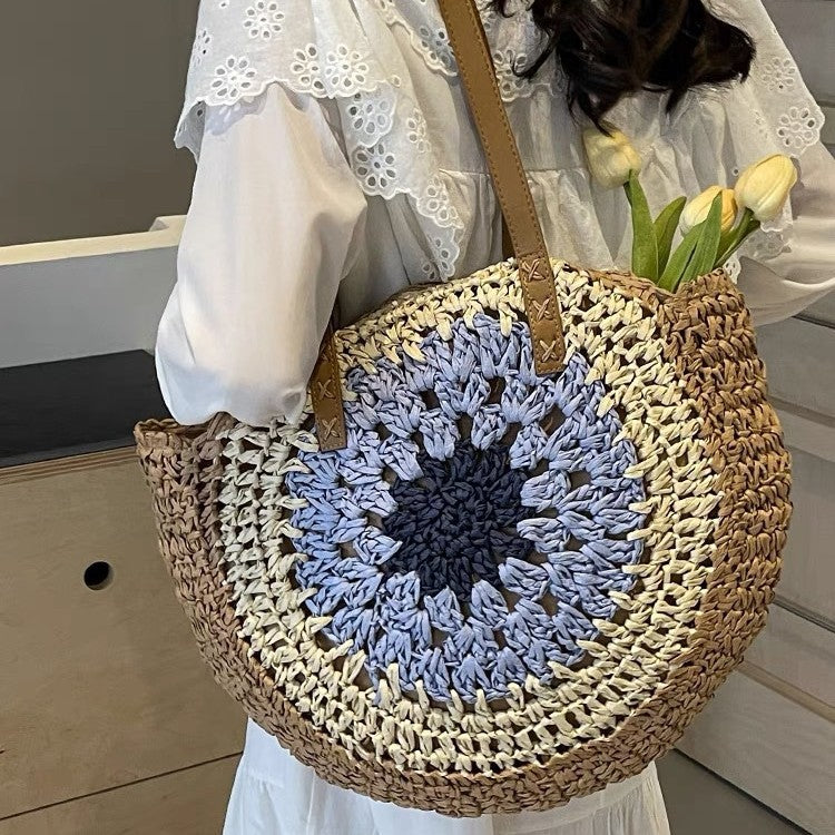 Paper rope hollow out colorful round plate grass woven bag casual beach bag one shoulder fashionable woven bag - E-Esther Clothing Store