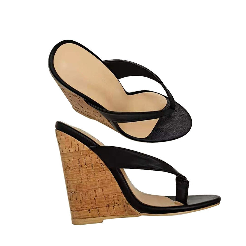 European and American Womens Oversized Heel Sandals Wedged Sloping Heel Sandals With Wooden Grain Wrap Heels And Round Toe High Heels