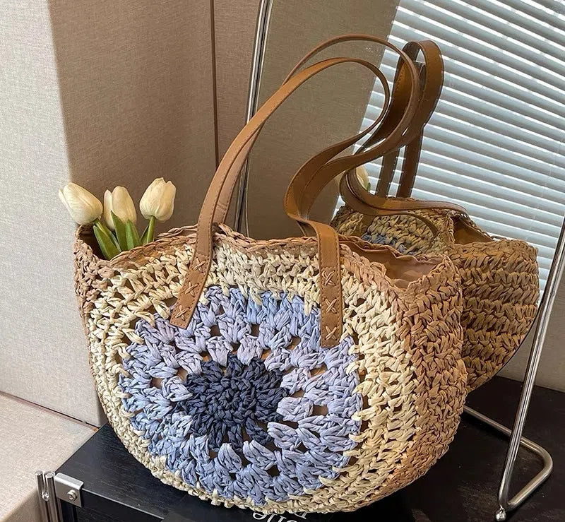 Paper rope hollow out colorful round plate grass woven bag casual beach bag one shoulder fashionable woven bag - E-Esther Clothing Store