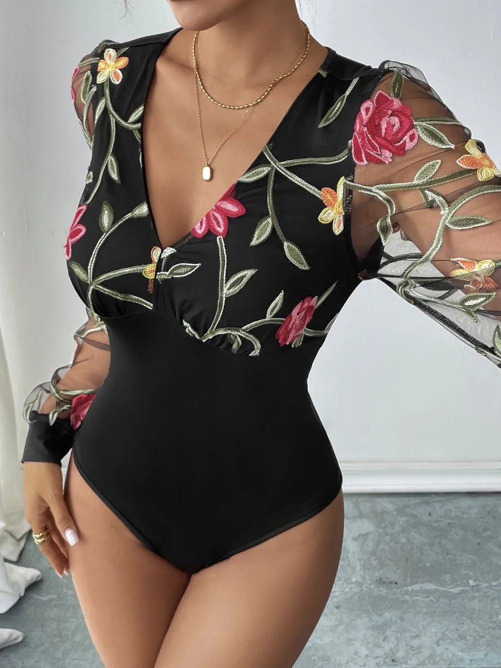 Embroidered V-Neck Long Sleeve Bodysuit - E-Esther Clothing Store