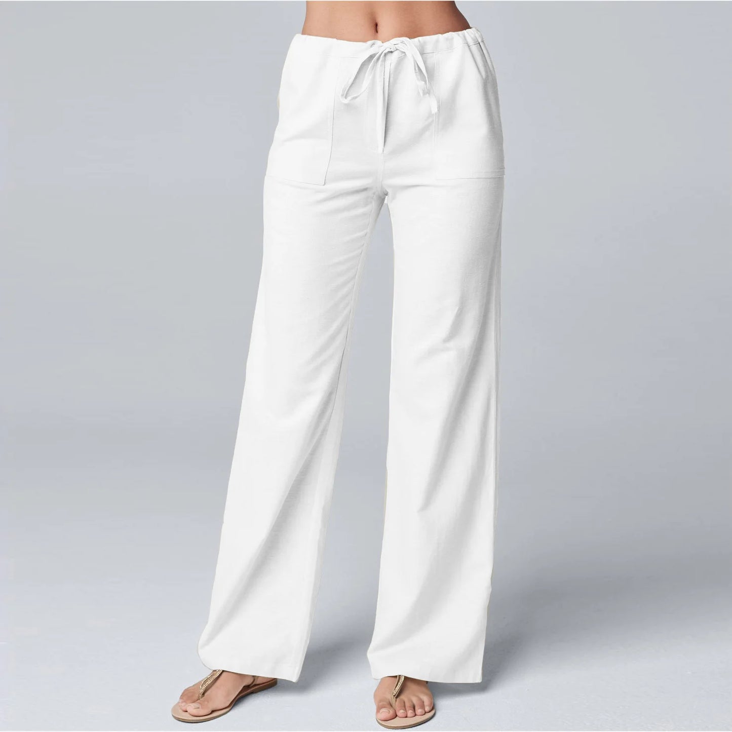 Women Cotton Linen Pants Solid Color Elastic Loose Drawstring Wide-Leg High Waist Trousers Female Stretch Straight Casual Pants - E-Esther Clothing Store