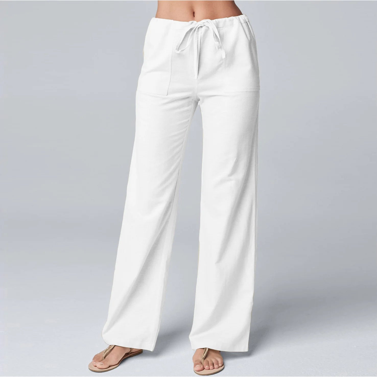 Women Cotton Linen Pants Solid Color Elastic Loose Drawstring Wide-Leg High Waist Trousers Female Stretch Straight Casual Pants - E-Esther Clothing Store