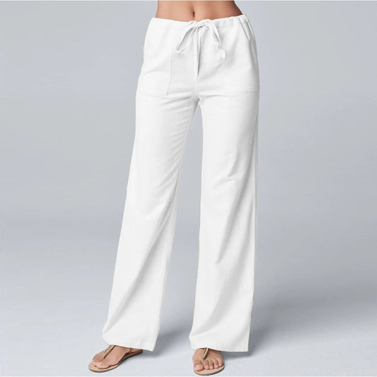 Women Cotton Linen Pants Solid Color Elastic Loose Drawstring Wide-Leg High Waist Trousers Female Stretch Straight Casual Pants - E-Esther Clothing Store