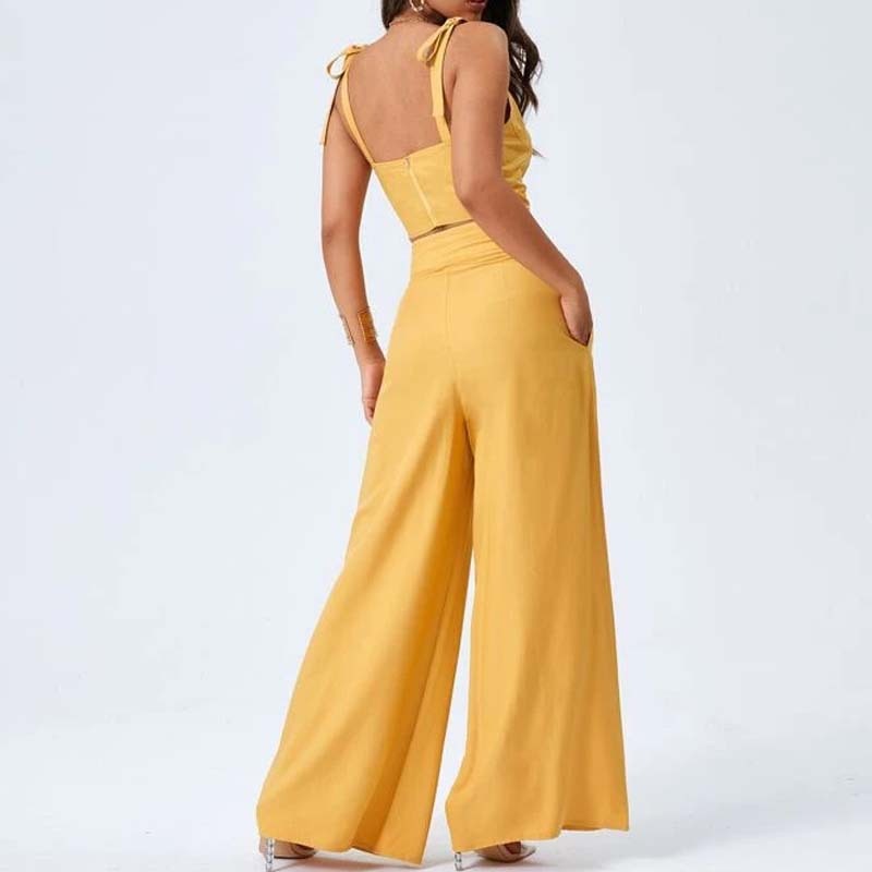 European and American Womens Open Back Suspender Top Fashionable Temperament Wide Leg Pants Casual Pants Two Piece Set for Women - E-Esther Clothing Store