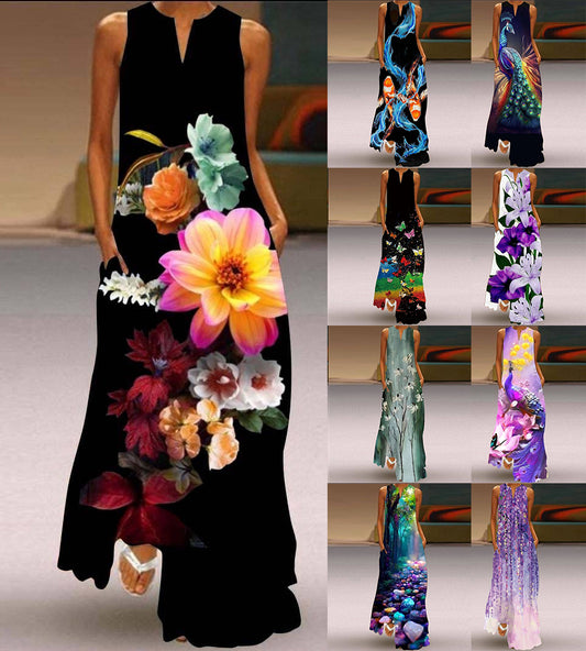 New Womens Sleeveless Long Dress V neck Printed Face Dress European and American Womens Personalized Dress
