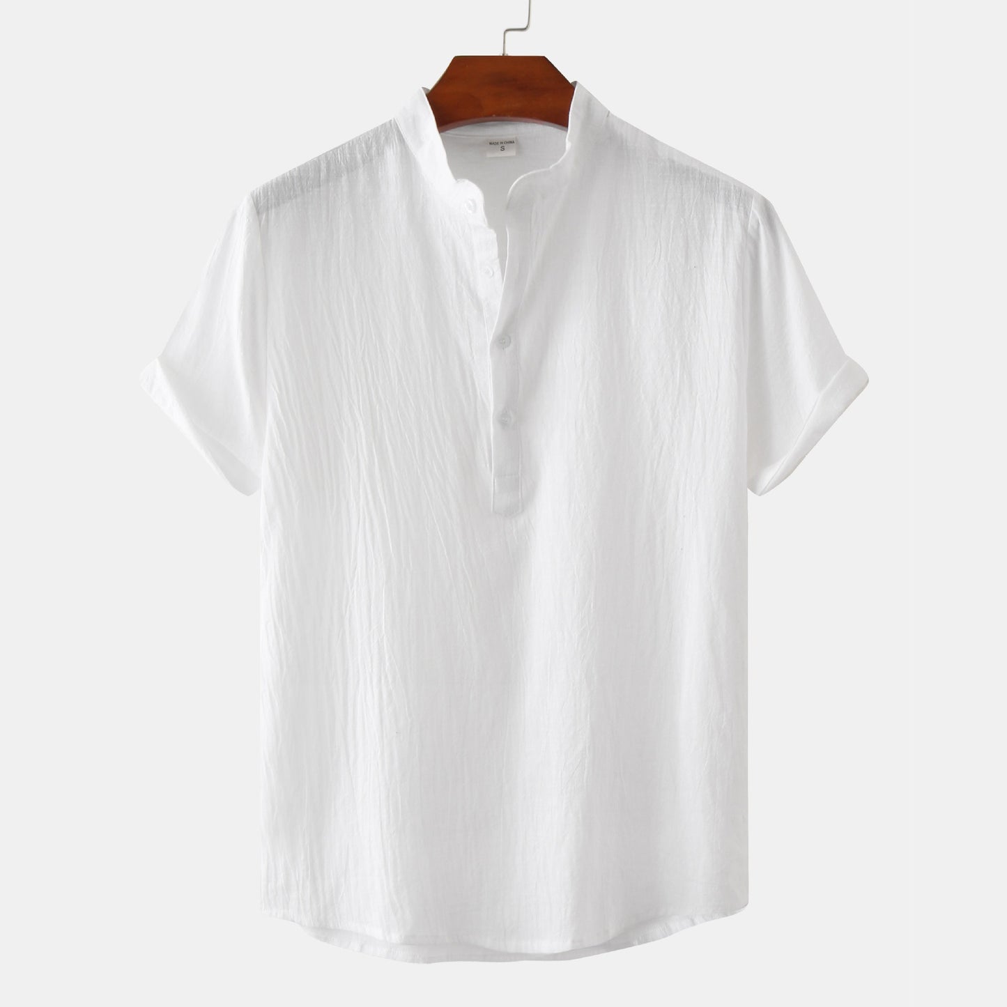 Summer Mens Cotton and Linen Standing Collar Casual Short Sleeved Shirt Beach T Shirt Shirt Mens Clothing - E-Esther Clothing Store